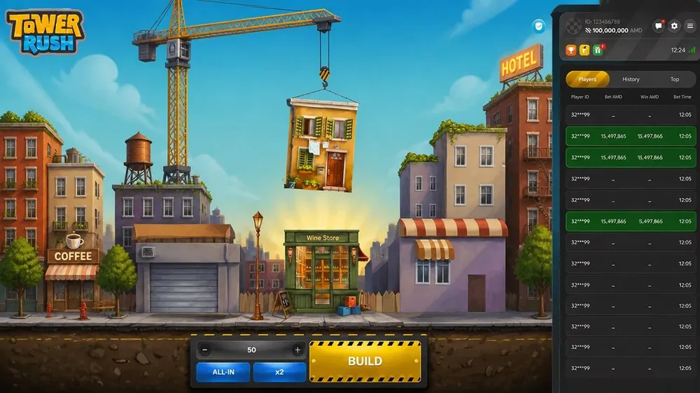 Tower Rush how to play — Build and Cash Out buttons in the crane game