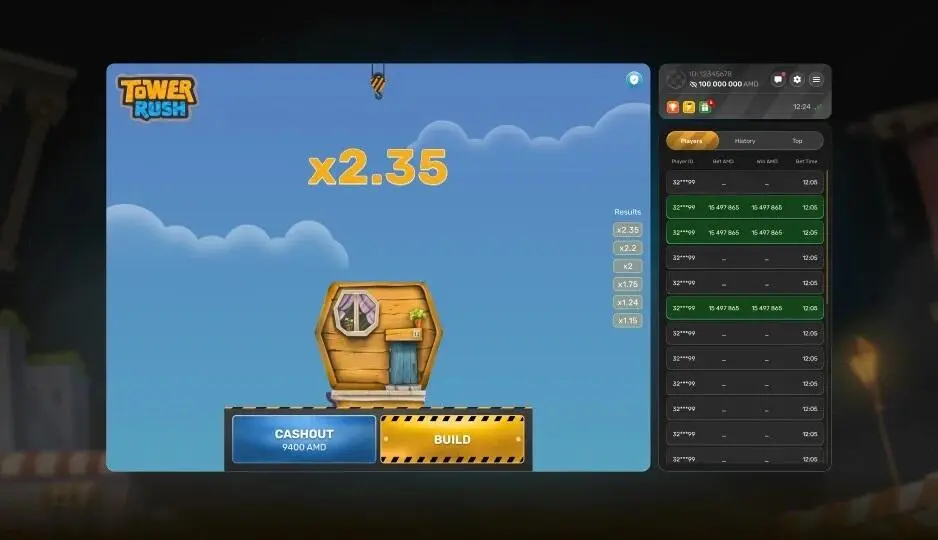 Tower Rush cash out at x2.35 multiplier