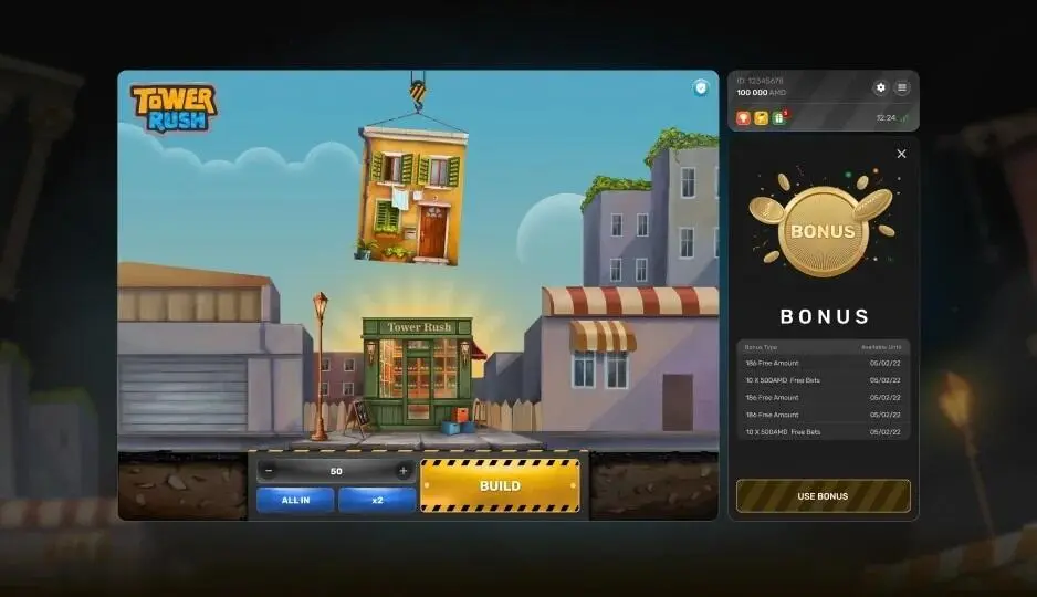 Tower Rush bonus panel with free bets and free amount